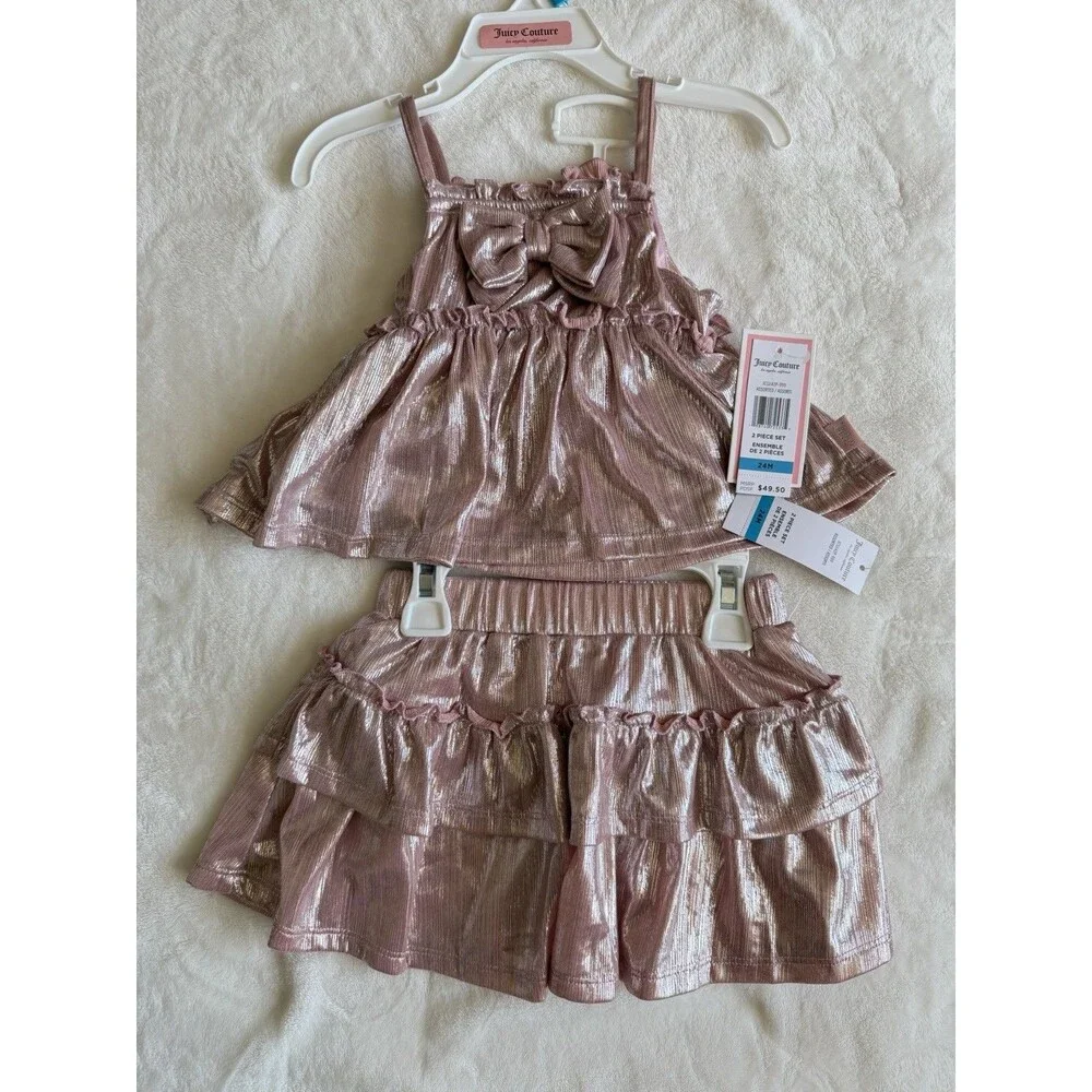 Juicy Couture Girls 24M 2-Piece Metallic Pink Skirt Set Top & Skirt
